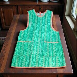 Vintage Handmade Apron Smock Green Floral Cottagecore Tie Back Retro Orange Trim